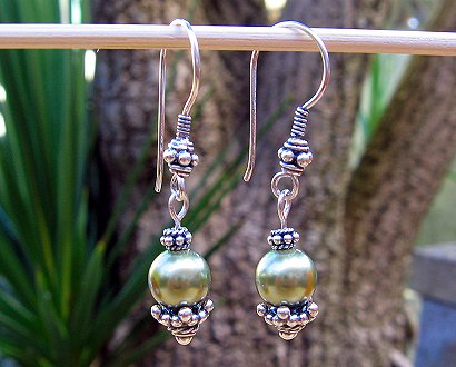 green pearl & Bali silver earrings