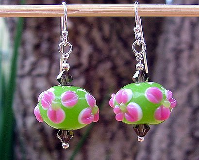 green & pink flower earrings