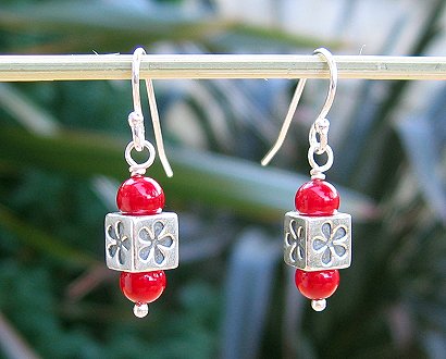 silver flower cubes & red jade earrings