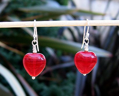 cranberry glass heart earrings