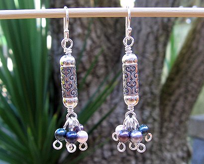 decorated silver & pearl cluster earrings